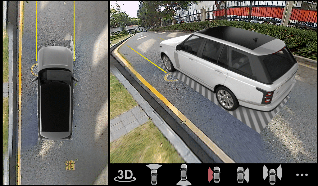 A vehicle displaying a 360-degree panoramic view of its surroundings on the infotainment screen, a key feature after successful car Android repair.