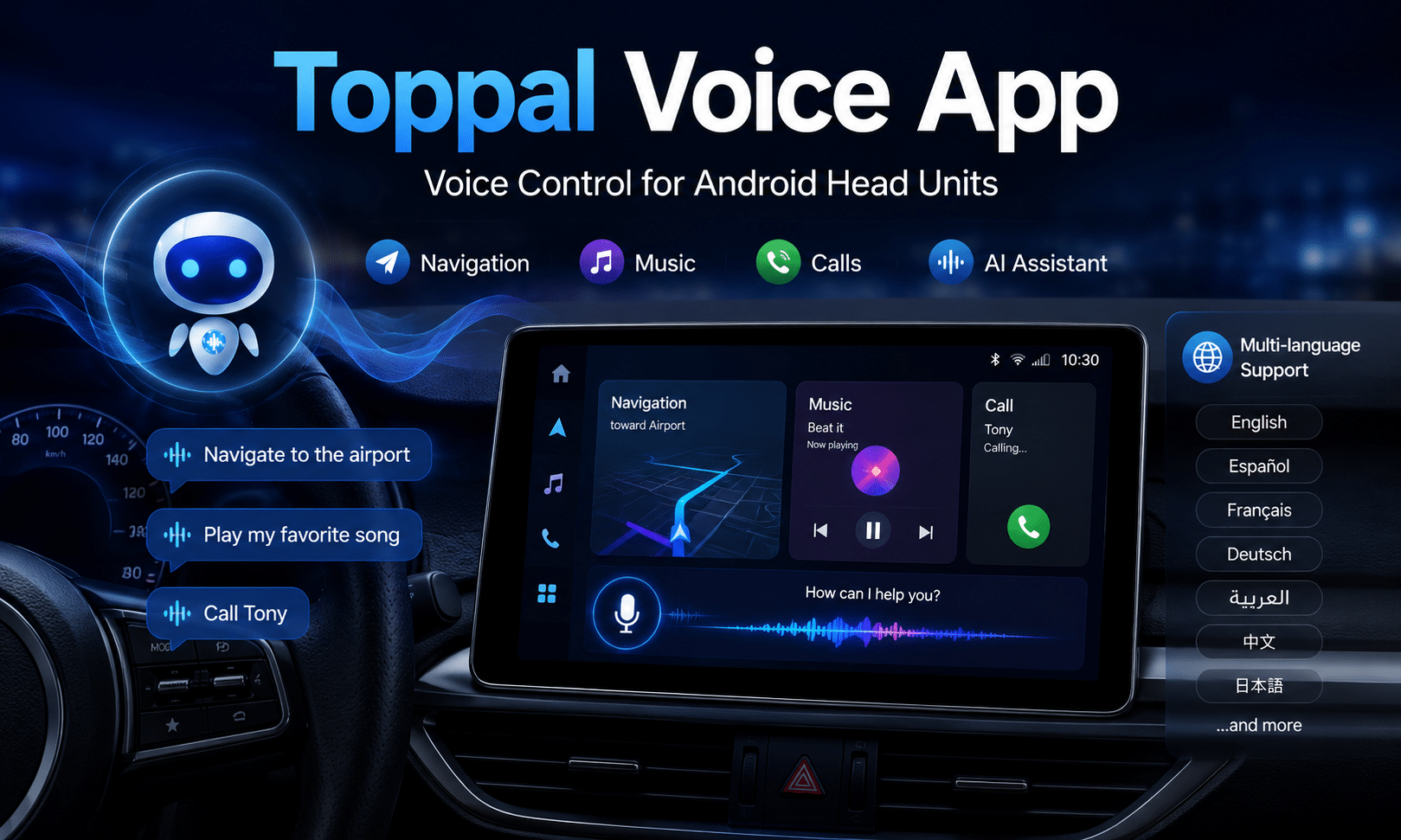 Toppal Voice App interface shown on a compatible Android head unit.